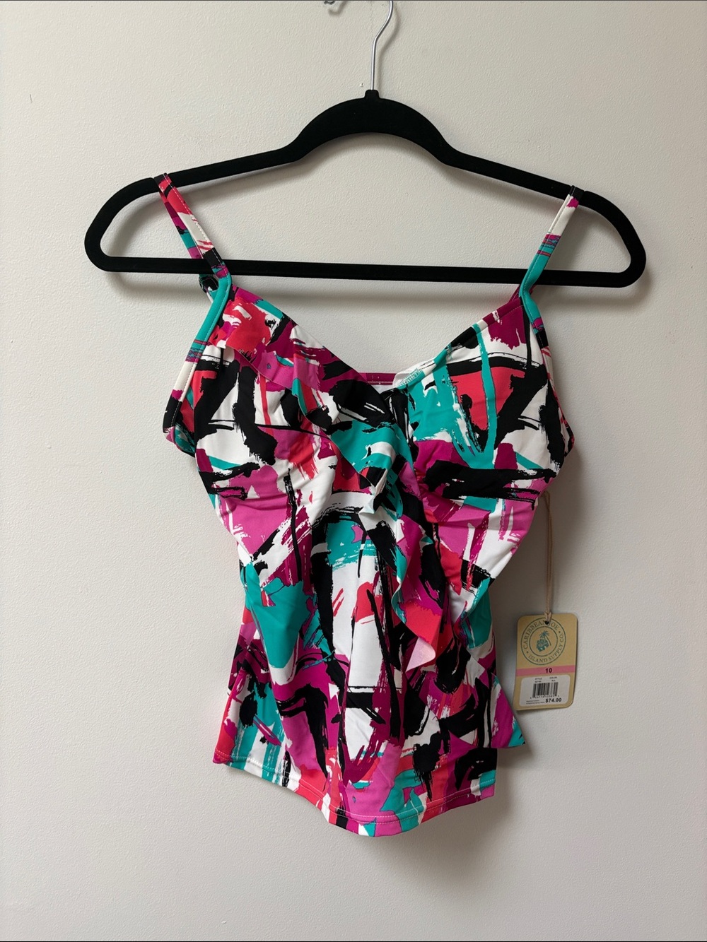 Caribbean Joe STROKE OF LUCK Diagonal Ruffle Tankini Top,Size 10,NWT